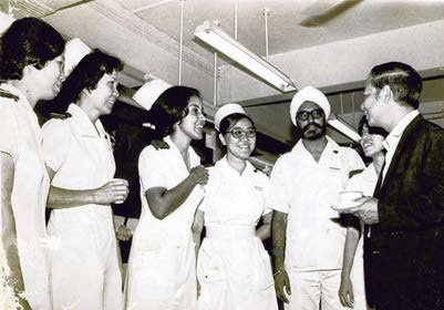 Mr Singh with fellow nurses meeting then Health Minister Toh Chin Chye in 1977. 